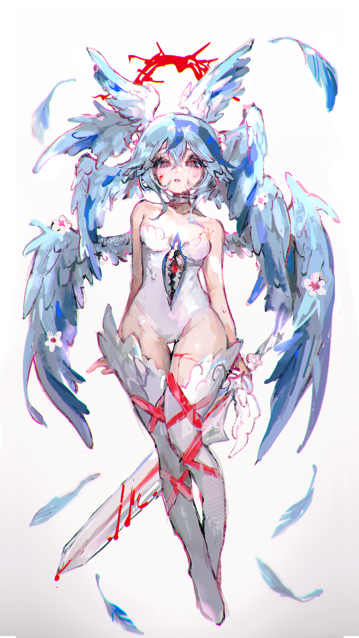 depiction of my persona in a feather armor with a sword and a red halo